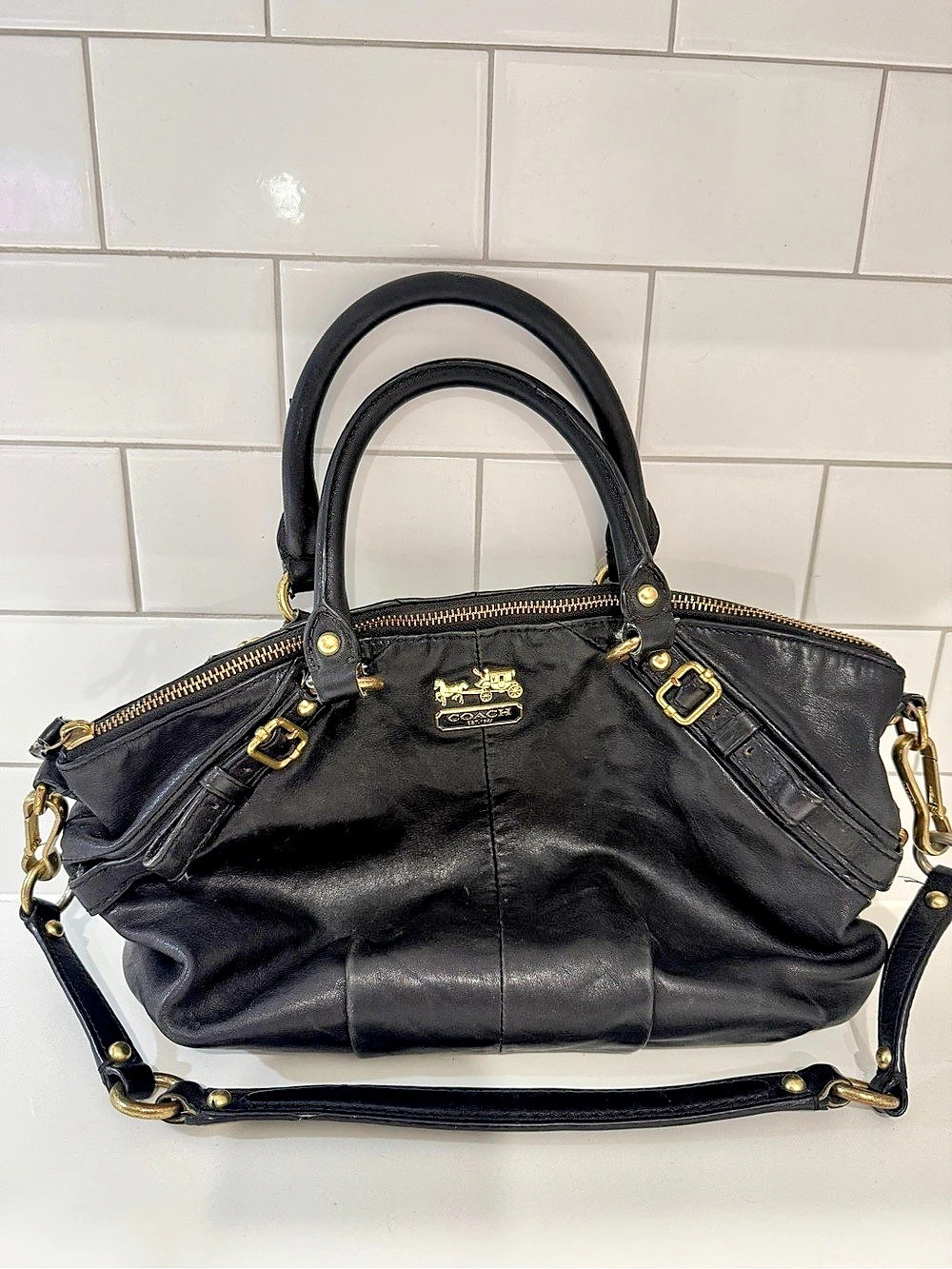 Coach Ashley Leather Satchel Black & Red